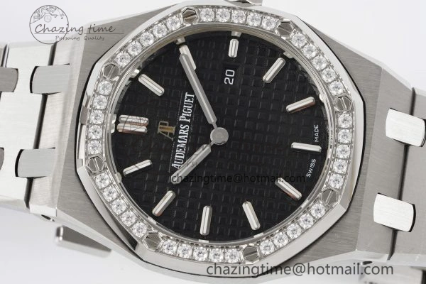 Lady Royal Oak 33mm SS Diamonds Bezel JJF 1:1 Best Edition Black Dial on SS Bracelet ETA Quartz