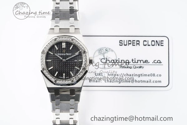 Lady Royal Oak 33mm SS Diamonds Bezel JJF 1:1 Best Edition Black Dial on SS Bracelet ETA Quartz