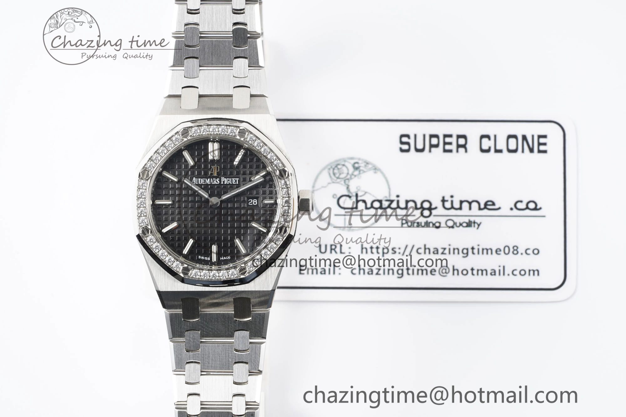 Lady Royal Oak 33mm SS Diamonds Bezel JJF 1:1 Best Edition Black Dial on SS Bracelet ETA Quartz