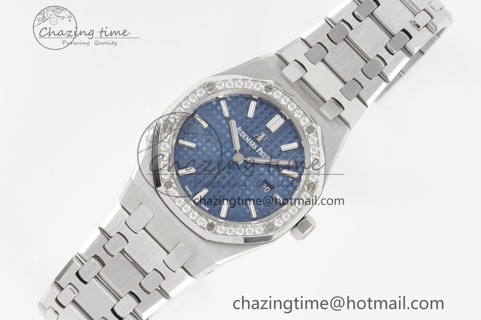 Lady Royal Oak 33mm SS Diamonds Bezel JJF 1:1 Best Edition Blue Dial on SS Bracelet ETA Quartz