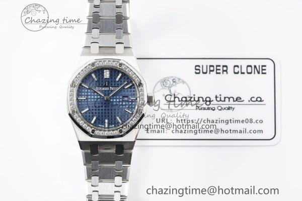 Lady Royal Oak 33mm SS Diamonds Bezel JJF 1:1 Best Edition Blue Dial on SS Bracelet ETA Quartz