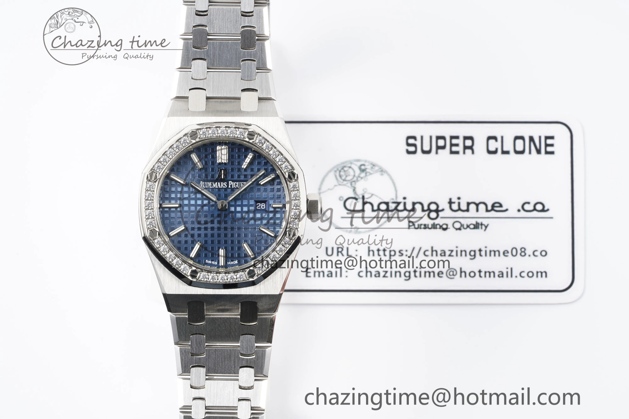 Lady Royal Oak 33mm SS Diamonds Bezel JJF 1:1 Best Edition Blue Dial on SS Bracelet ETA Quartz