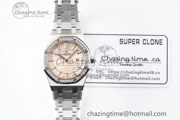 Lady Royal Oak 33mm SS Diamonds Bezel JJF 1:1 Best Edition Cream Dial on SS Bracelet ETA Quartz