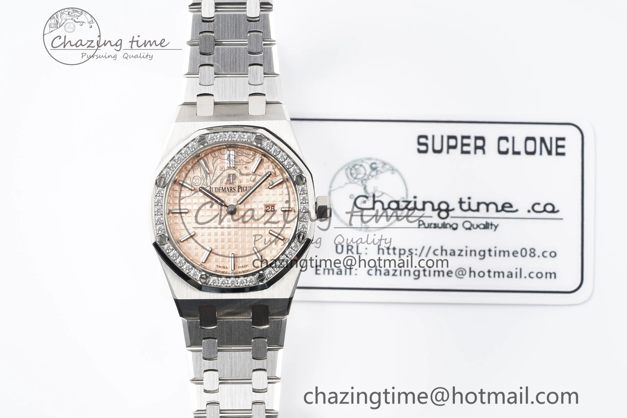 Lady Royal Oak 33mm SS Diamonds Bezel JJF 1:1 Best Edition Cream Dial on SS Bracelet ETA Quartz