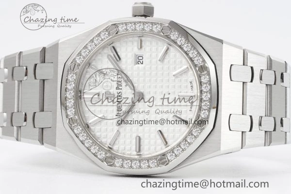 Lady Royal Oak 33mm SS Diamonds Bezel JJF 1:1 Best Edition White Dial on SS Bracelet ETA Quartz