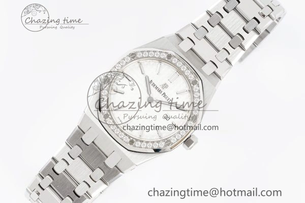 Lady Royal Oak 33mm SS Diamonds Bezel JJF 1:1 Best Edition White Dial on SS Bracelet ETA Quartz