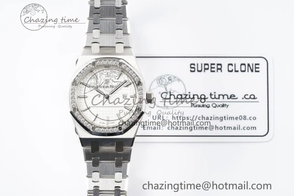Lady Royal Oak 33mm SS Diamonds Bezel JJF 1:1 Best Edition White Dial on SS Bracelet ETA Quartz