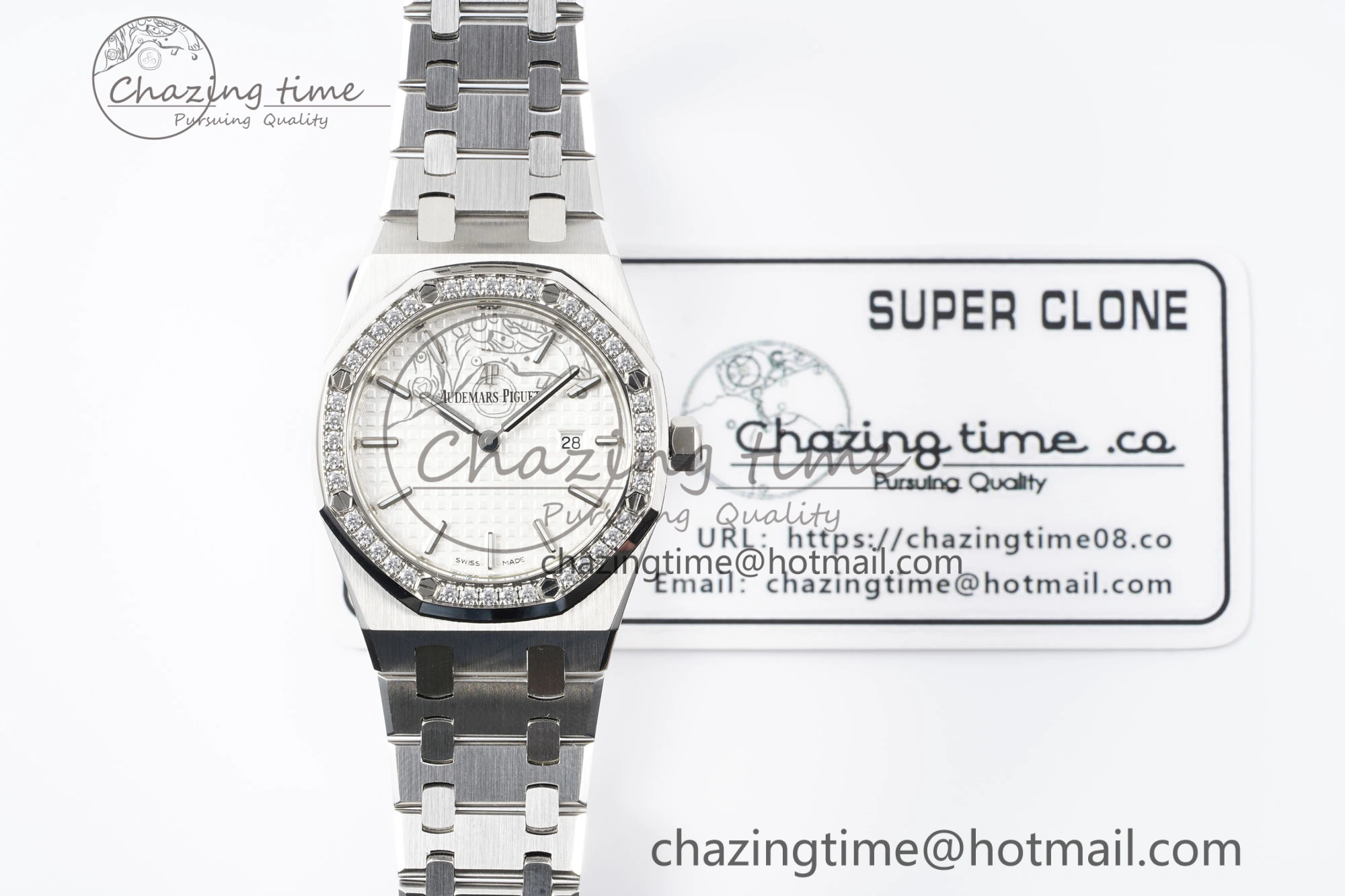 Lady Royal Oak 33mm SS Diamonds Bezel JJF 1:1 Best Edition White Dial on SS Bracelet ETA Quartz