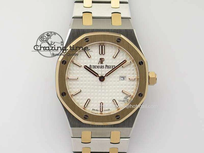 Lady Royal Oak 33mm SS JF 1:1 Best Edition RG Bezel Silver Textured Dial On SS RG Bracelet Swiss Quartz