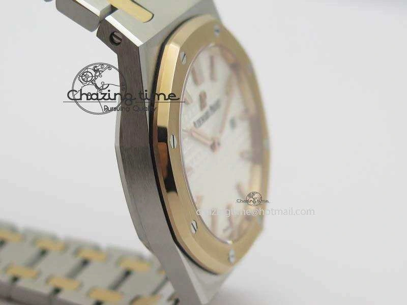 Lady Royal Oak 33mm SS JF 1:1 Best Edition RG Bezel Silver Textured Dial On SS RG Bracelet Swiss Quartz