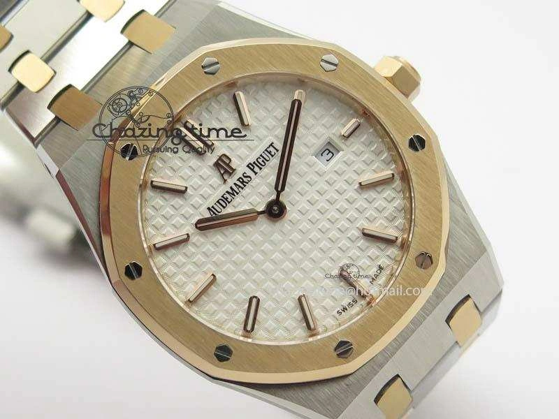 Lady Royal Oak 33mm SS JF 1:1 Best Edition RG Bezel Silver Textured Dial On SS RG Bracelet Swiss Quartz