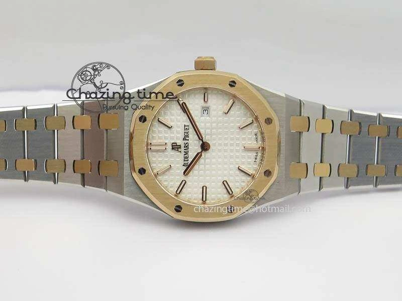 Lady Royal Oak 33mm SS JF 1:1 Best Edition RG Bezel Silver Textured Dial On SS RG Bracelet Swiss Quartz