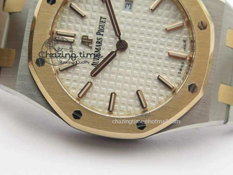 Lady Royal Oak 33mm SS JF 1:1 Best Edition RG Bezel Silver Textured Dial On SS RG Bracelet Swiss Quartz