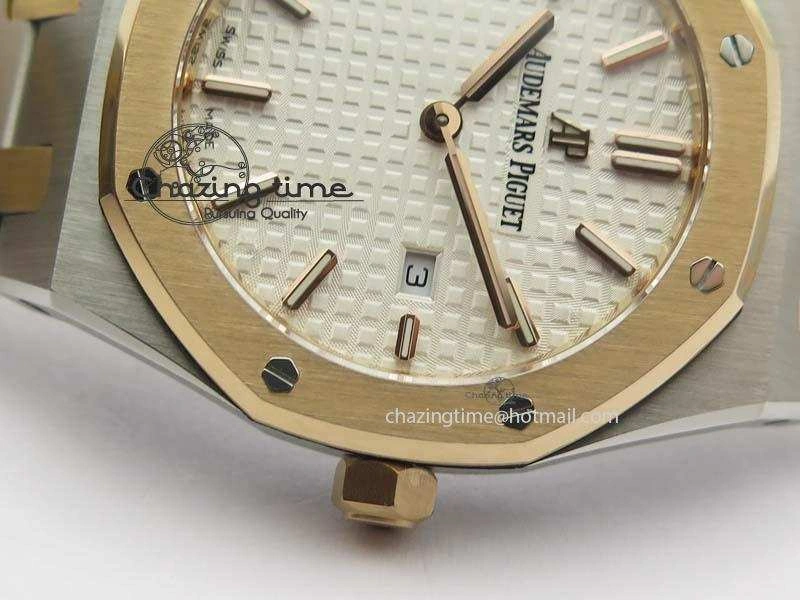 Lady Royal Oak 33mm SS JF 1:1 Best Edition RG Bezel Silver Textured Dial On SS RG Bracelet Swiss Quartz