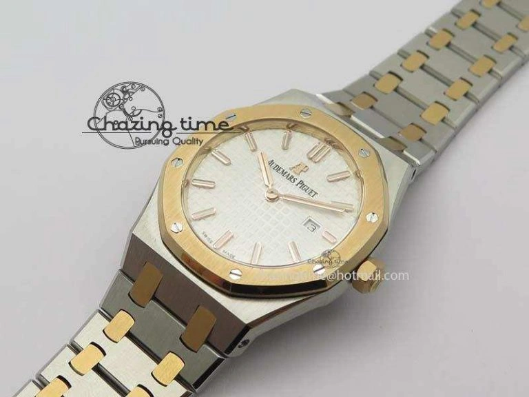Lady Royal Oak 33mm SS JF 1:1 Best Edition RG Bezel Silver Textured Dial On SS RG Bracelet Swiss Quartz