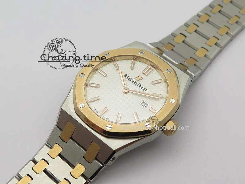 Lady Royal Oak 33mm SS JF 1:1 Best Edition RG Bezel Silver Textured Dial On SS RG Bracelet Swiss Quartz
