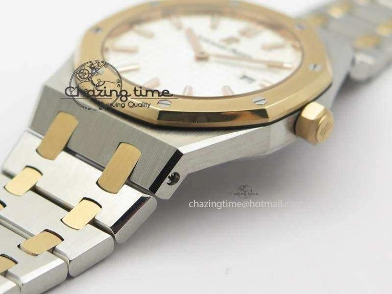Lady Royal Oak 33mm SS JF 1:1 Best Edition RG Bezel Silver Textured Dial On SS RG Bracelet Swiss Quartz