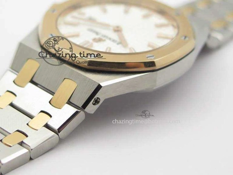 Lady Royal Oak 33mm SS JF 1:1 Best Edition RG Bezel Silver Textured Dial On SS RG Bracelet Swiss Quartz