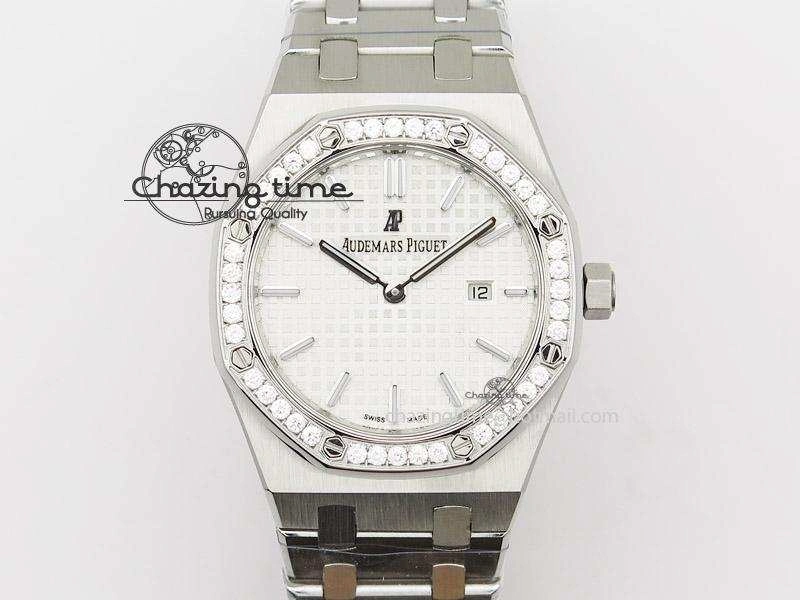 Lady Royal Oak 33mm SS White Textured Dial Diamonds Bezel on bracelet RONDA Quartz