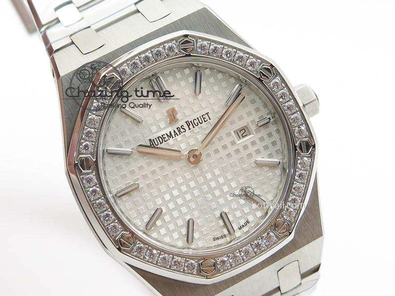 Lady Royal Oak 33mm SS White Textured Dial Diamonds Bezel on bracelet RONDA Quartz