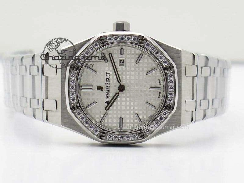 Lady Royal Oak 33mm SS White Textured Dial Diamonds Bezel on bracelet RONDA Quartz