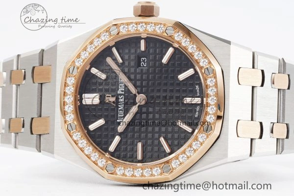 Lady Royal Oak 33mm SS RG Diamonds Bezel JJF 1:1 Best Edition Black Dial on SS RG Bracelet ETA Quartz