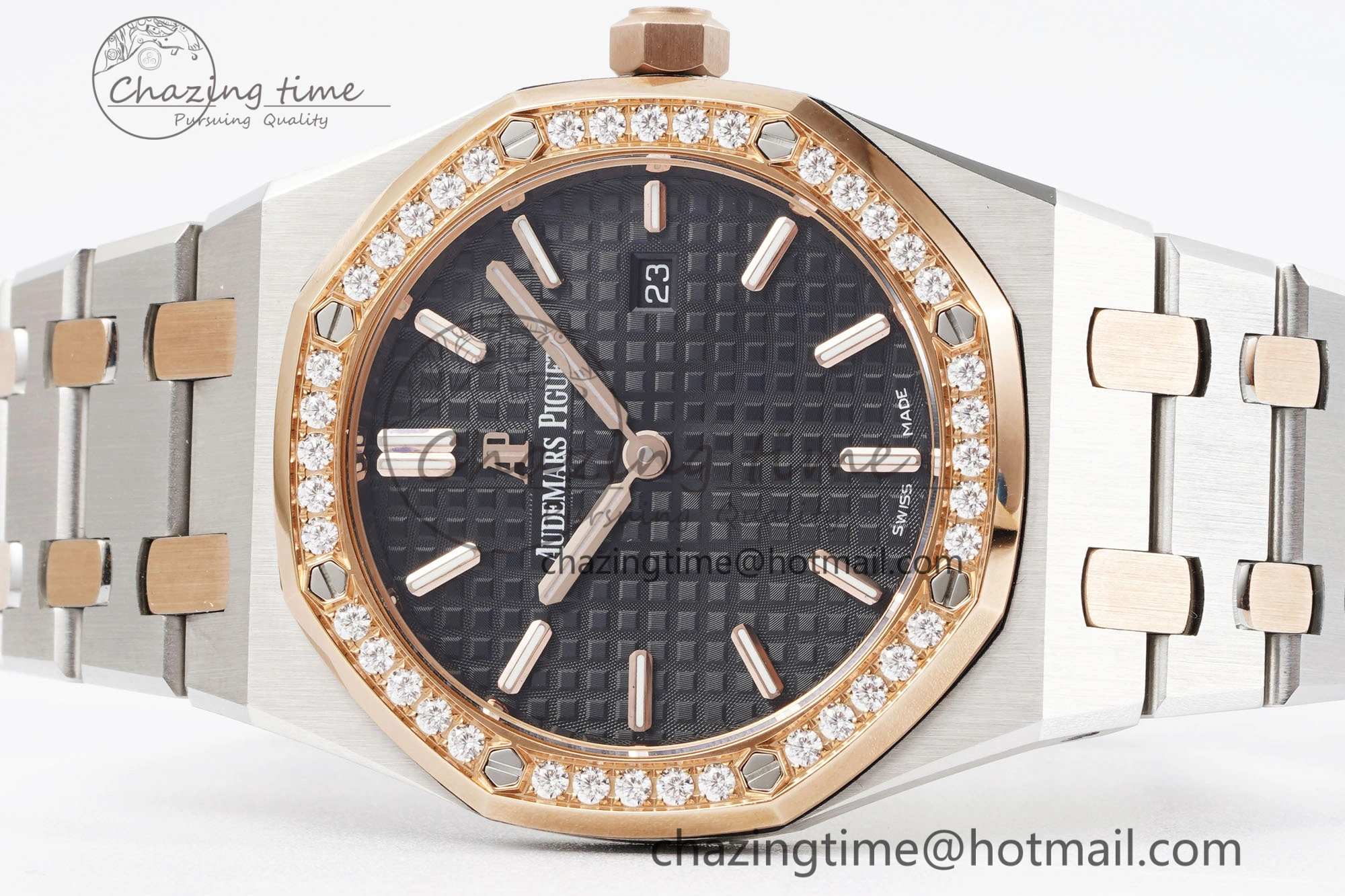 Lady Royal Oak 33mm SS RG Diamonds Bezel JJF 1:1 Best Edition Black Dial on SS RG Bracelet ETA Quartz