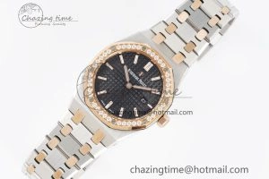 Lady Royal Oak 33mm SS RG Diamonds Bezel JJF 1:1 Best Edition Black Dial on SS RG Bracelet ETA Quartz