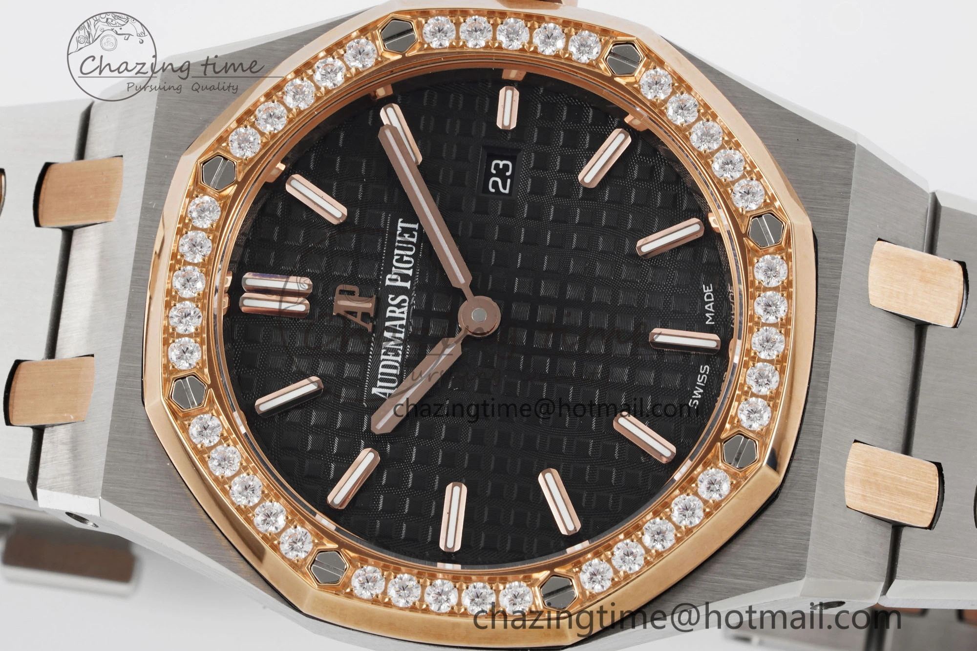 Lady Royal Oak 33mm SS RG Diamonds Bezel JJF 1:1 Best Edition Black Dial on SS RG Bracelet ETA Quartz