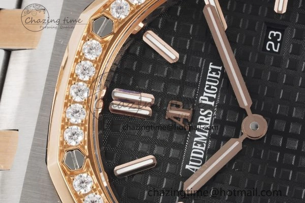 Lady Royal Oak 33mm SS RG Diamonds Bezel JJF 1:1 Best Edition Black Dial on SS RG Bracelet ETA Quartz