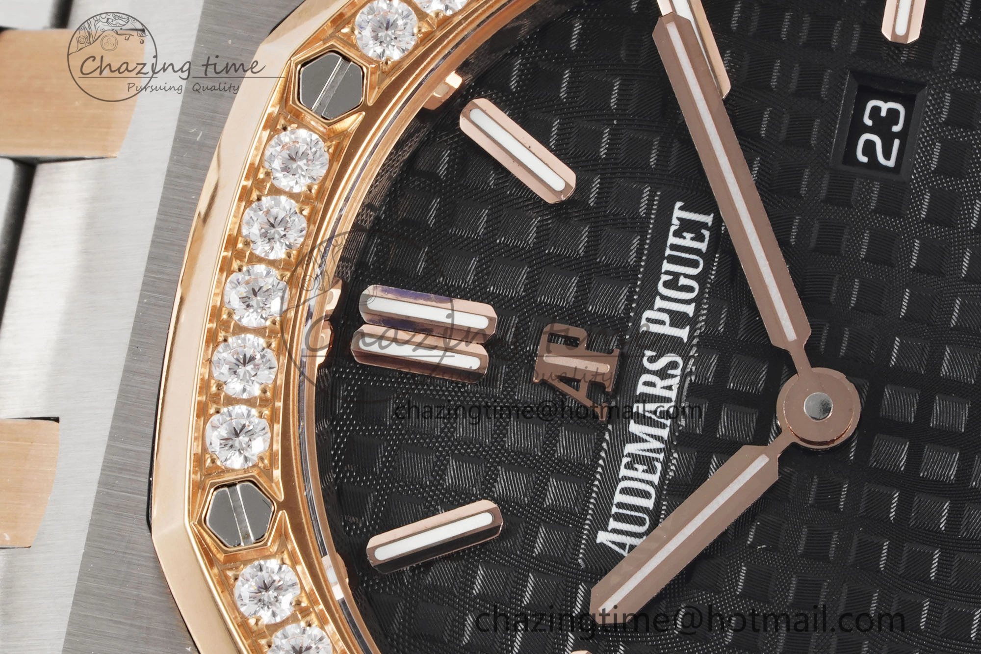 Lady Royal Oak 33mm SS RG Diamonds Bezel JJF 1:1 Best Edition Black Dial on SS RG Bracelet ETA Quartz