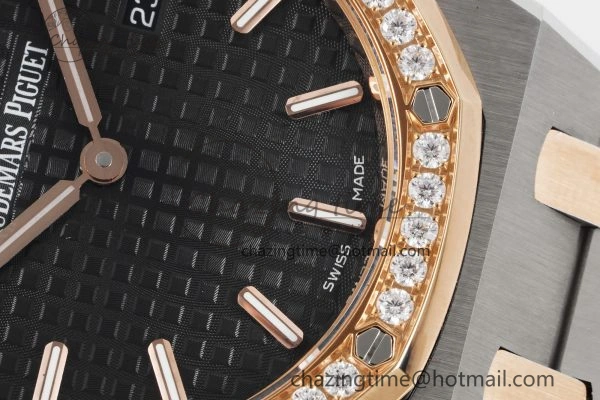 Lady Royal Oak 33mm SS RG Diamonds Bezel JJF 1:1 Best Edition Black Dial on SS RG Bracelet ETA Quartz