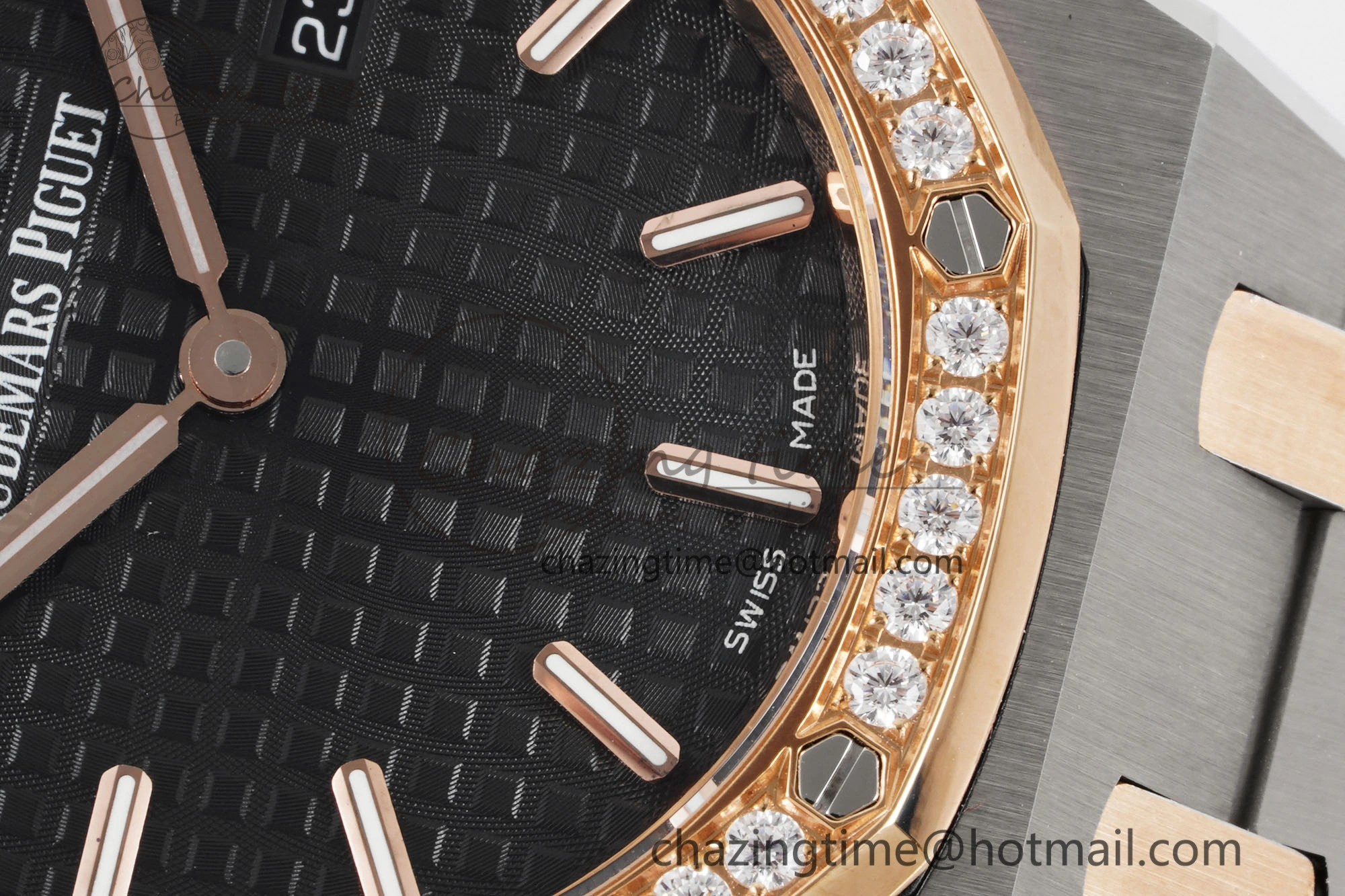 Lady Royal Oak 33mm SS RG Diamonds Bezel JJF 1:1 Best Edition Black Dial on SS RG Bracelet ETA Quartz