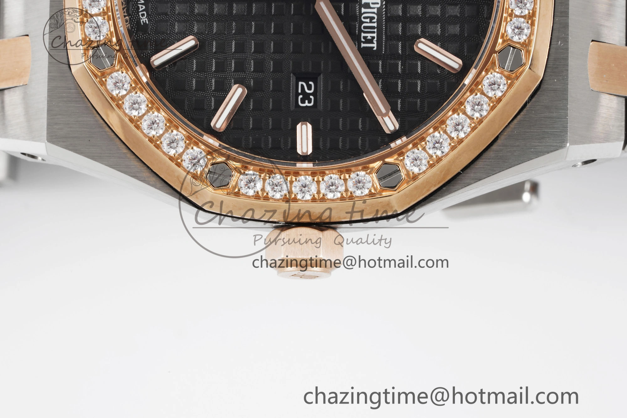 Lady Royal Oak 33mm SS RG Diamonds Bezel JJF 1:1 Best Edition Black Dial on SS RG Bracelet ETA Quartz