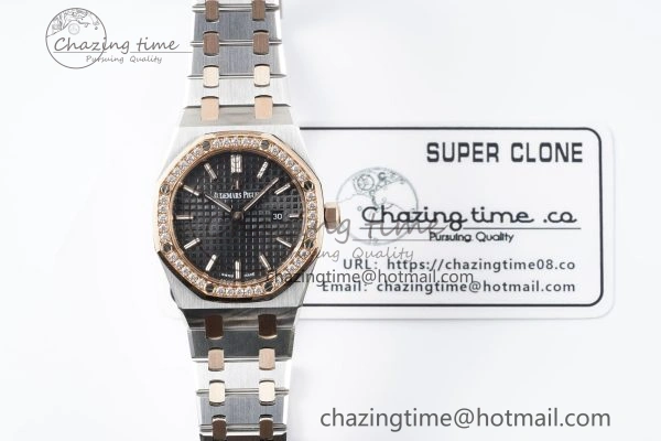Lady Royal Oak 33mm SS RG Diamonds Bezel JJF 1:1 Best Edition Black Dial on SS RG Bracelet ETA Quartz