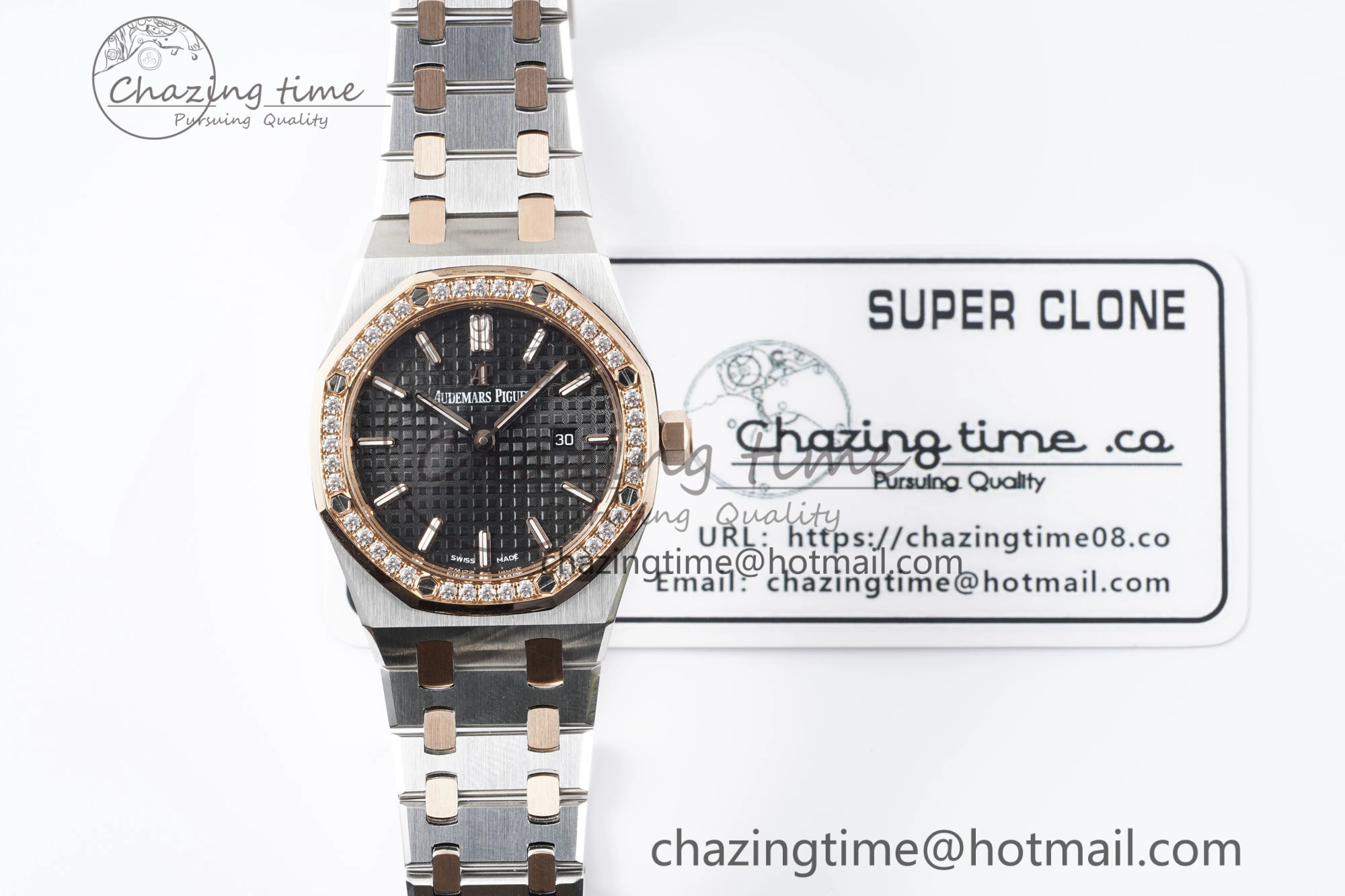 Lady Royal Oak 33mm SS RG Diamonds Bezel JJF 1:1 Best Edition Black Dial on SS RG Bracelet ETA Quartz