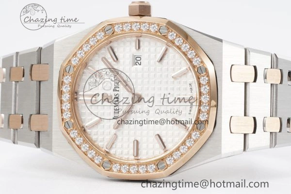 Lady Royal Oak 33mm SS RG Diamonds Bezel JJF 1:1 Best Edition White Dial on SS RG Bracelet ETA Quartz