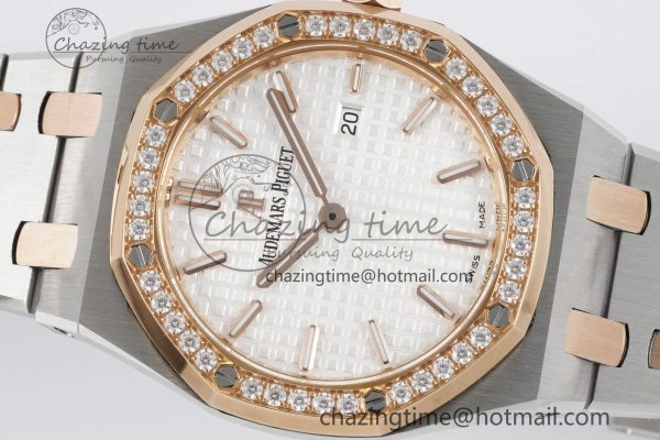 Lady Royal Oak 33mm SS RG Diamonds Bezel JJF 1:1 Best Edition White Dial on SS RG Bracelet ETA Quartz