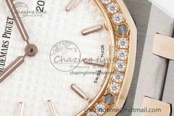 Lady Royal Oak 33mm SS RG Diamonds Bezel JJF 1:1 Best Edition White Dial on SS RG Bracelet ETA Quartz