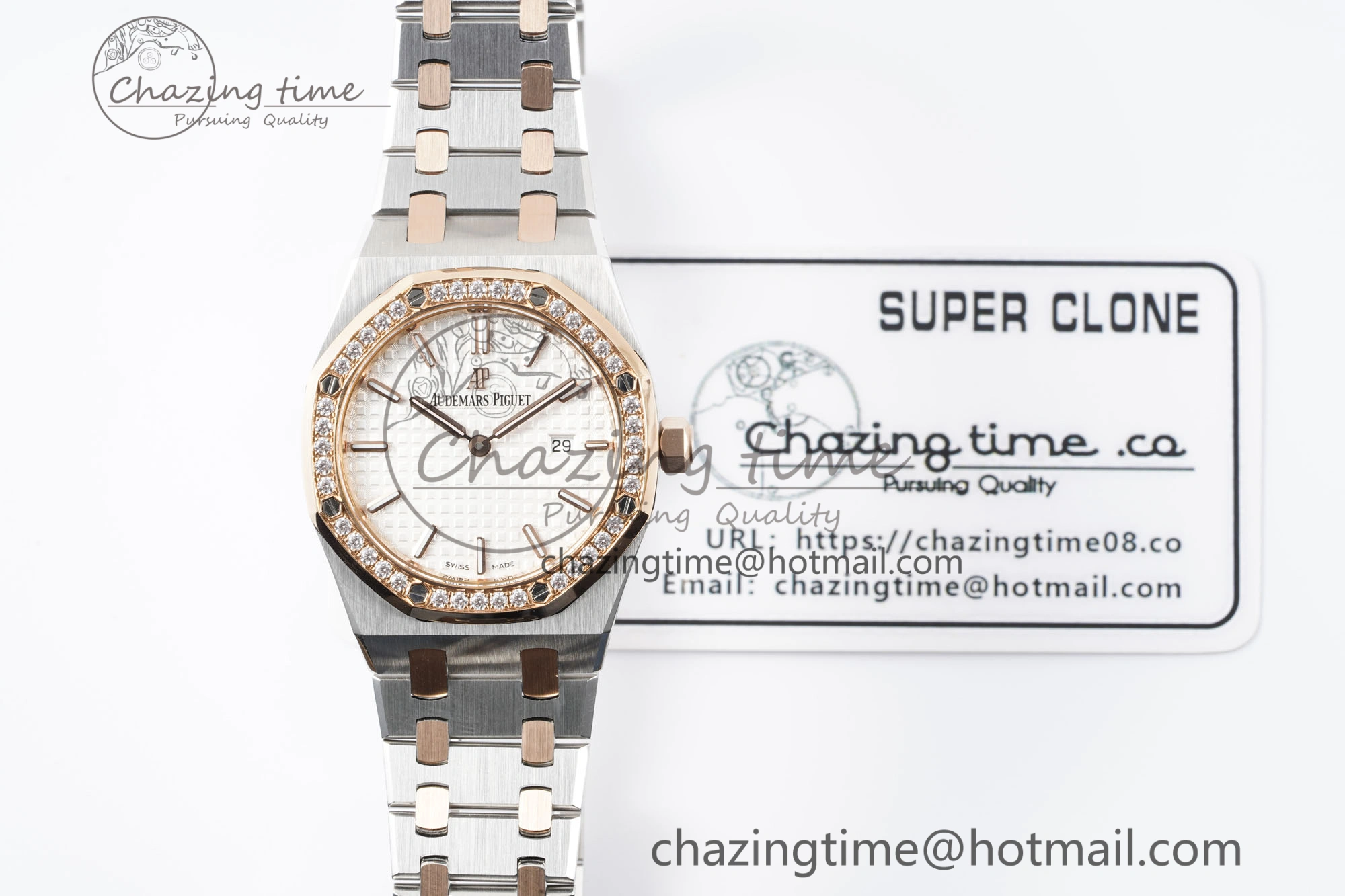 Lady Royal Oak 33mm SS RG Diamonds Bezel JJF 1:1 Best Edition White Dial on SS RG Bracelet ETA Quartz