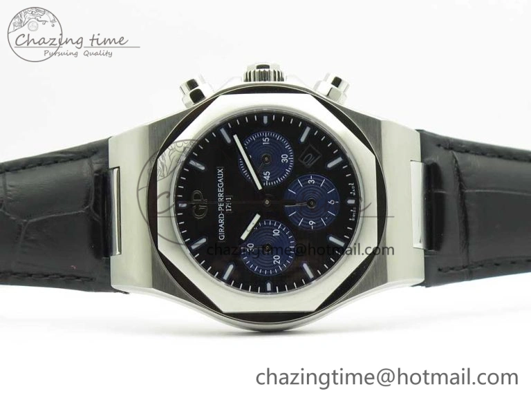 Laureato Chronograph 42mm SS TWA Black Blue Dial on Black Leather Strap A7750