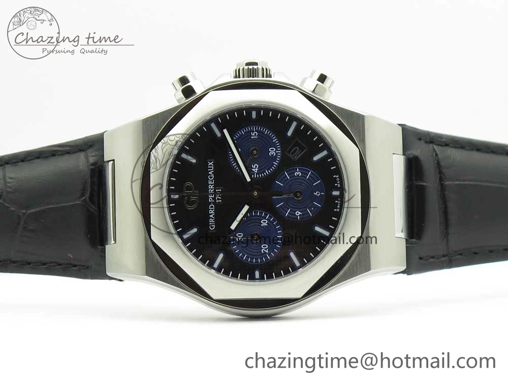 Laureato Chronograph 42mm SS TWA Black Blue Dial on Black Leather Strap A7750