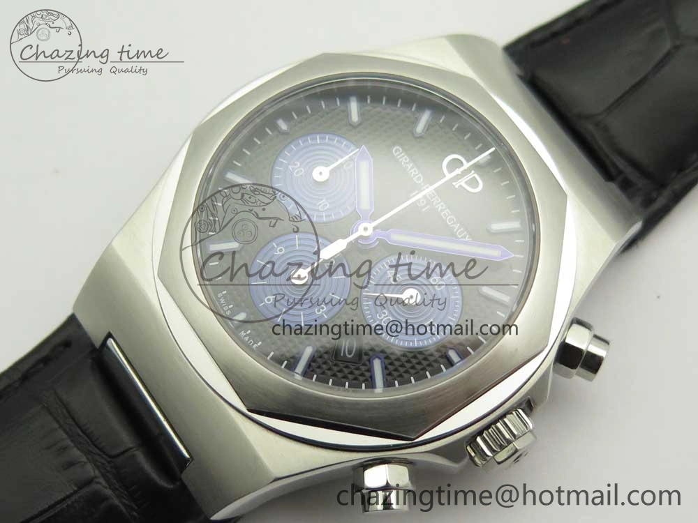 Laureato Chronograph 42mm SS TWA Black Blue Dial on Black Leather Strap A7750