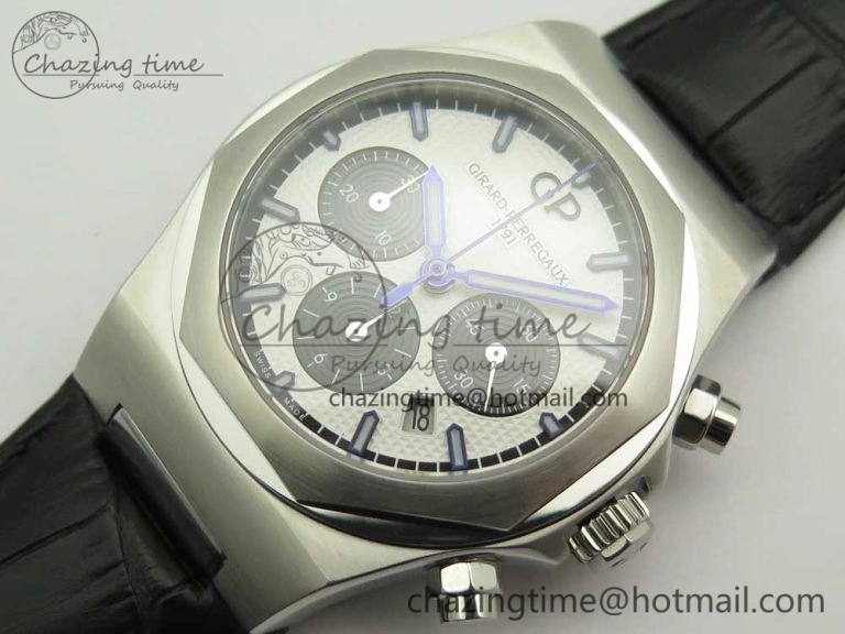 Laureato Chronograph 42mm SS TWA White Black Dial on Black Leather Strap A7750