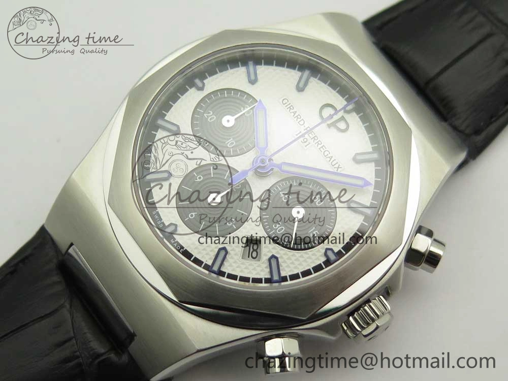 Laureato Chronograph 42mm SS TWA White Black Dial on Black Leather Strap A7750