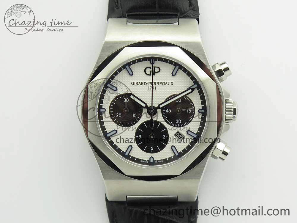 Laureato Chronograph 42mm SS TWA White Black Dial on Black Leather Strap A7750