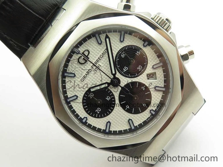 Laureato Chronograph 42mm SS TWA White Black Dial on Black Leather Strap A7750