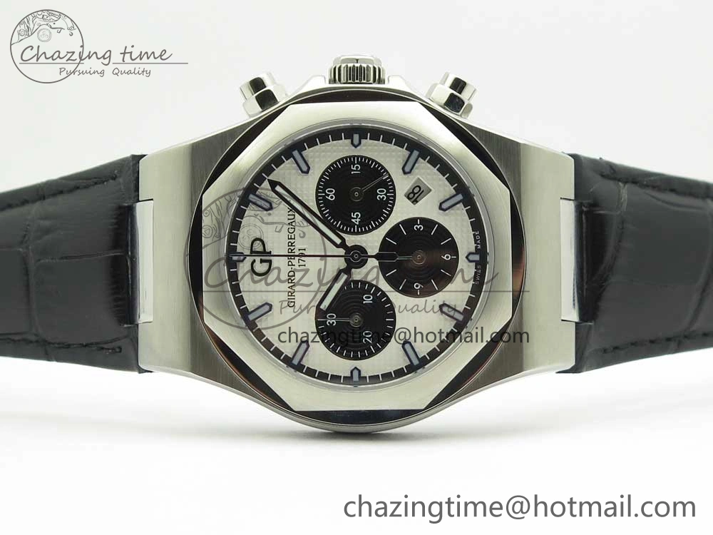 Laureato Chronograph 42mm SS TWA White Black Dial on Black Leather Strap A7750