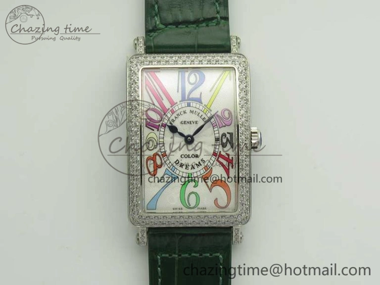 Long Island Color Dream SS Diamonds Bezel GF 1:1 Best Edition on Black Leather Strap Swiss Quartz