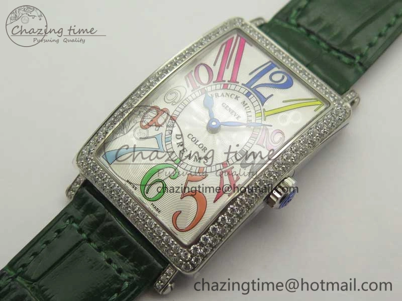 Long Island Color Dream SS Diamonds Bezel GF 1:1 Best Edition on Black Leather Strap Swiss Quartz